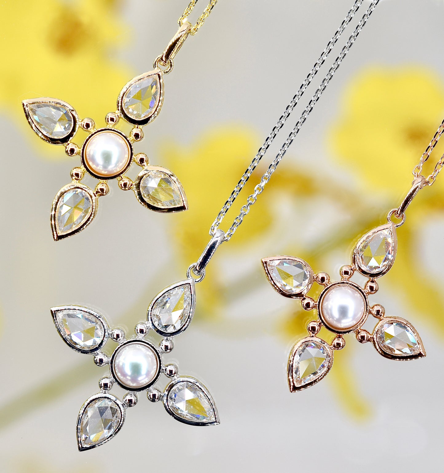 Rose-cut Diamond and Akoya Pearl Pendant in Rose Gold