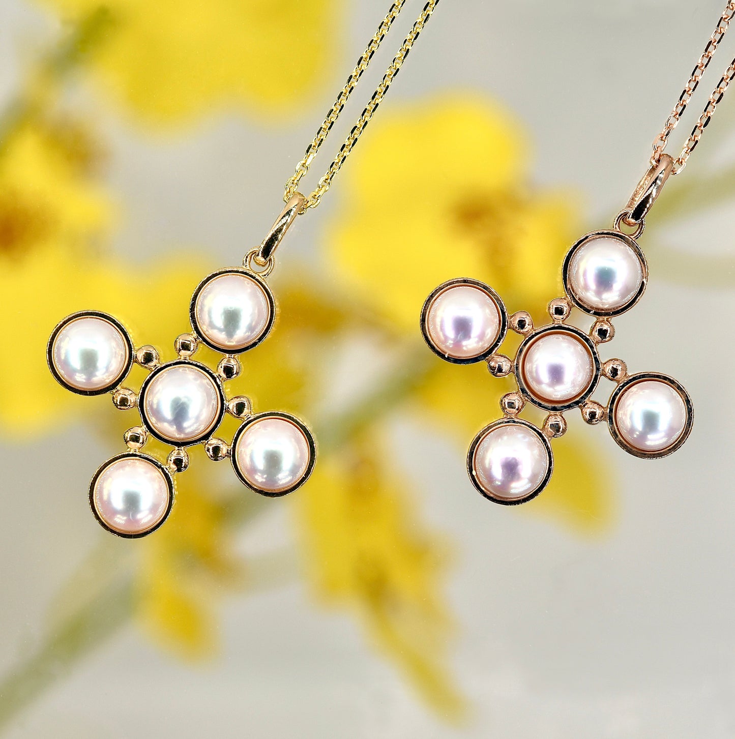 Akoya Pearl Cross Pendant in Yellow Gold