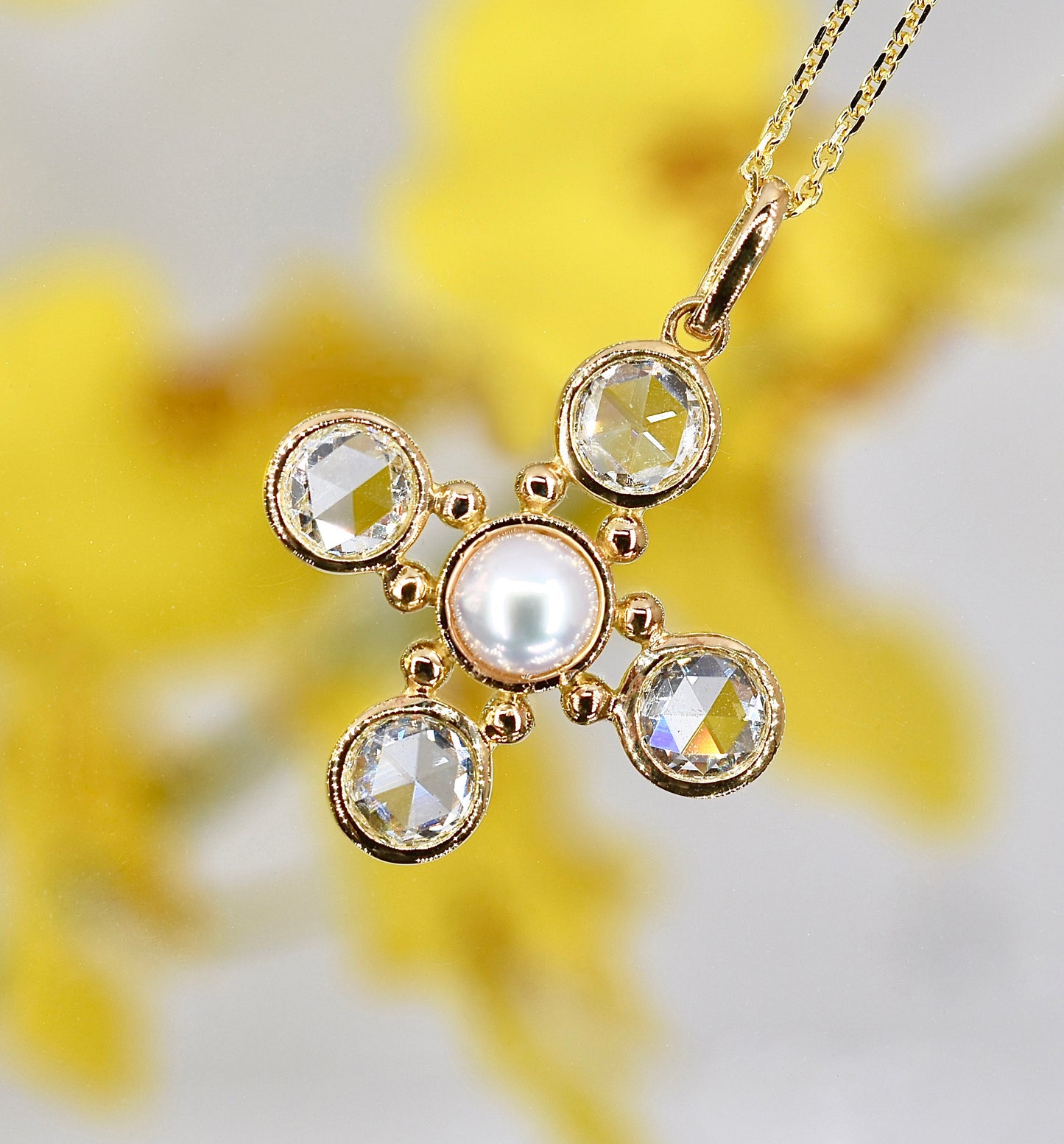 Rose-cut Diamond and Akoya Pearl Cross Pendant