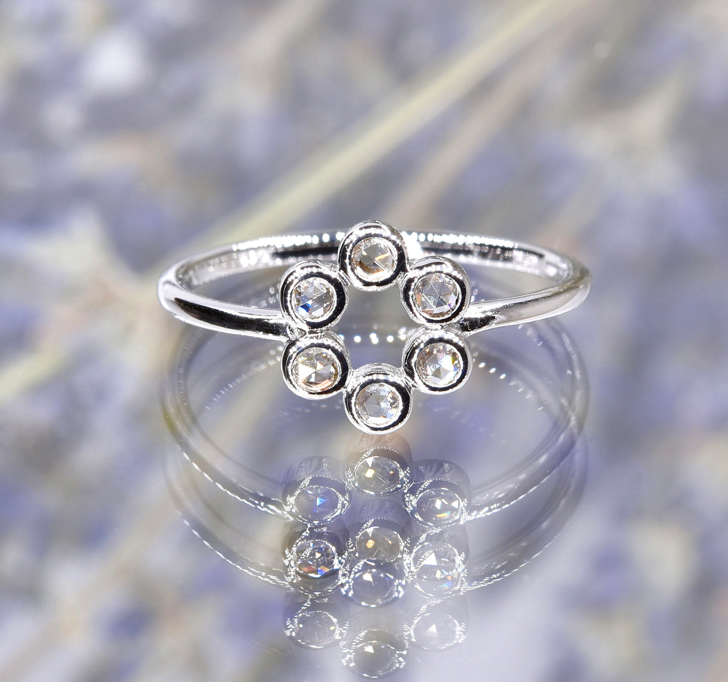 Rose-cut Diamond Halo Ring in White Gold
