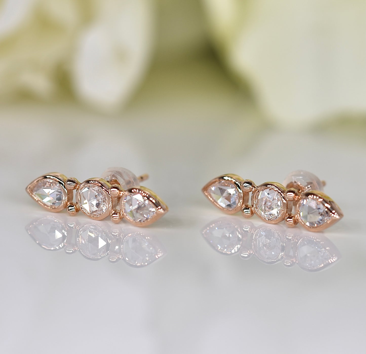 Pear and Round Rose-cut Diamond Stud Earrings in Rose Gold