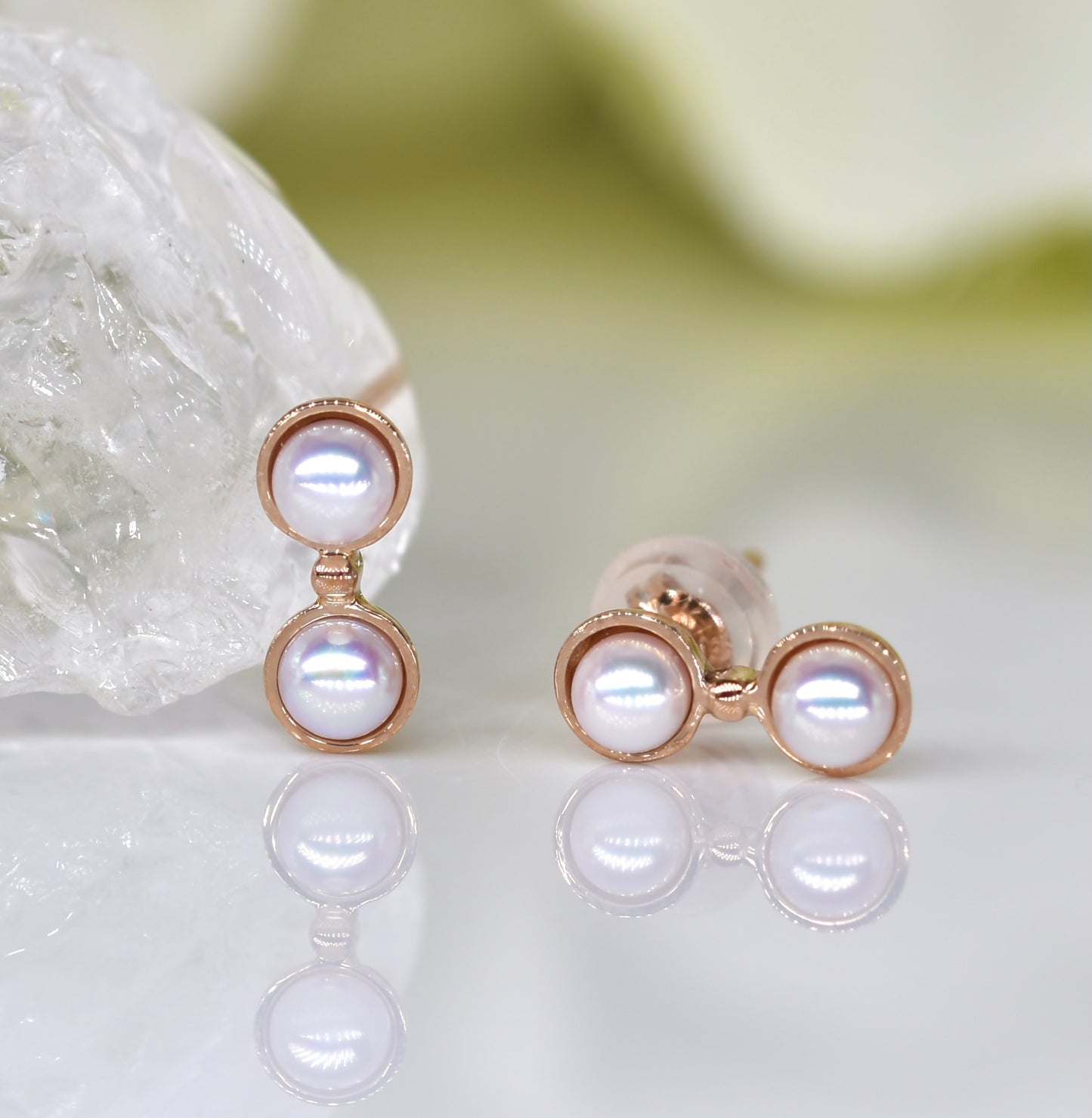 Double Akoya Pearl Stud Earrings in Rose Gold