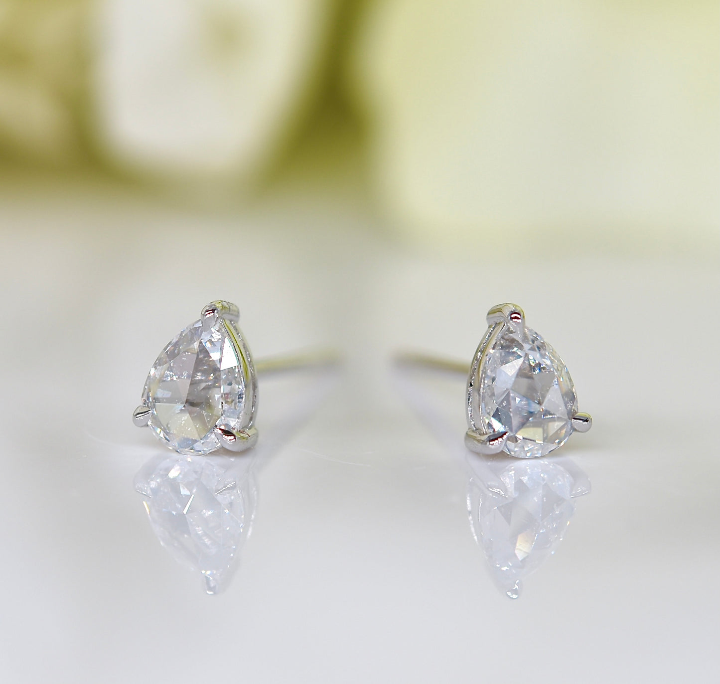 Pear Rose-cut Diamond Stud Earrings in White Gold