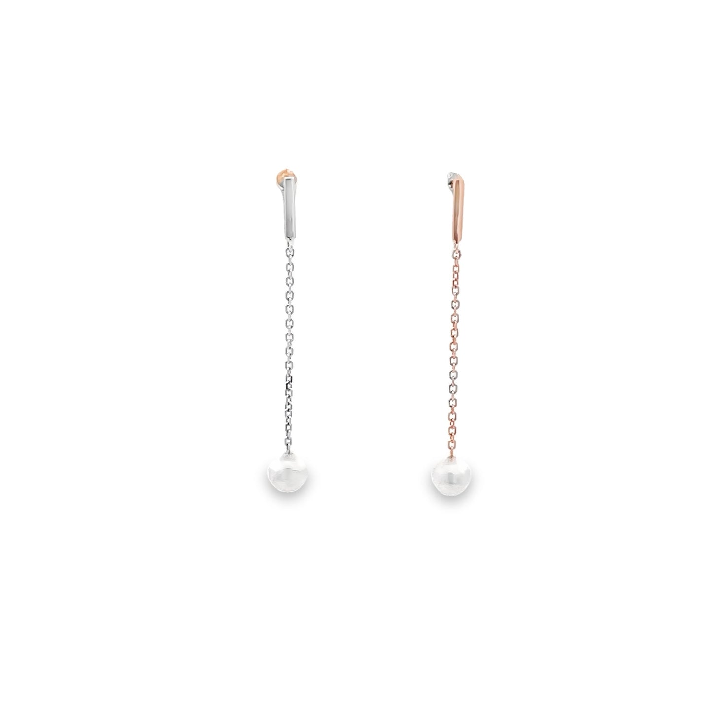 Akoya Pearl Drop Earrings with Bar Stud Top in White Gold and Rose Gold