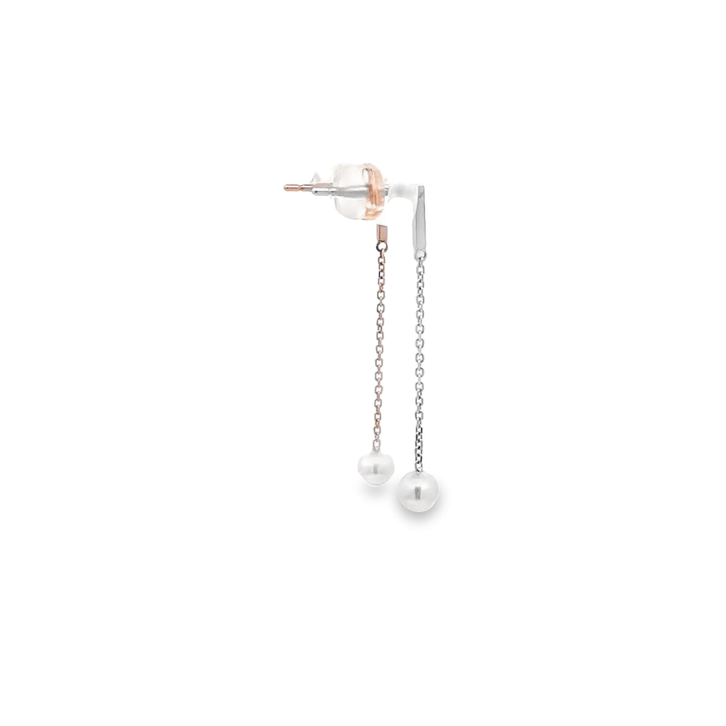Akoya Pearl Drop Earrings with Bar Stud Top in White Gold and Rose Gold