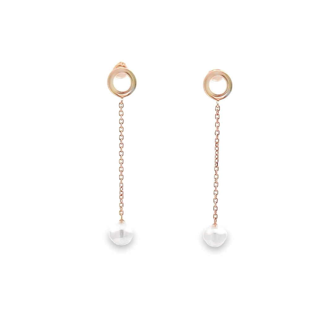 Akoya Pearl Drop Earrings with Circle Stud Top in Rose Gold