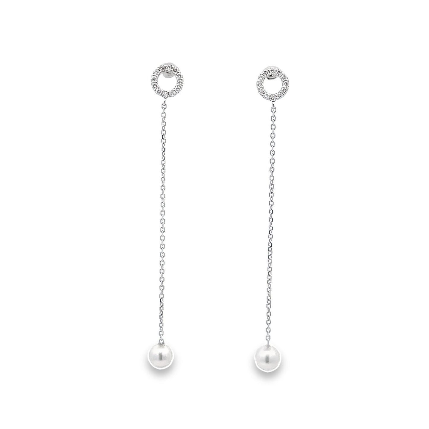 Akoya Pearl Drop Earrings with Circle Diamond Stud Top in White Gold