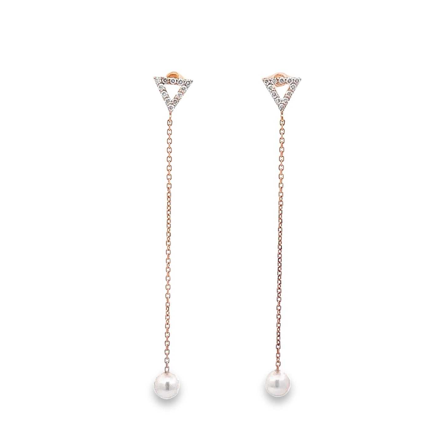Akoya Pearl Drop Earrings with Triangle Diamond Stud Top in Rose Gold