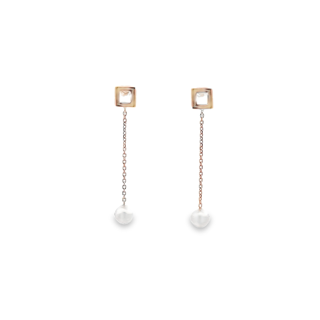 Akoya Pearl Drop Earrings with Square Stud Top in Rose Gold