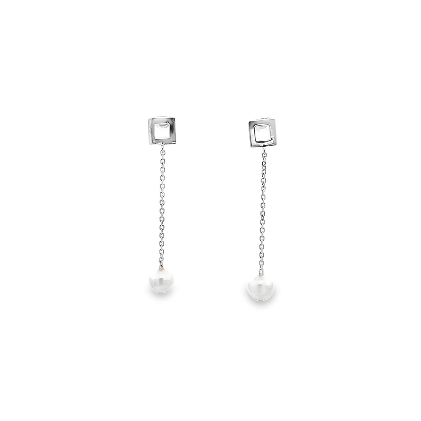 Akoya Pearl Drop Earrings with Square Stud Top in White Gold