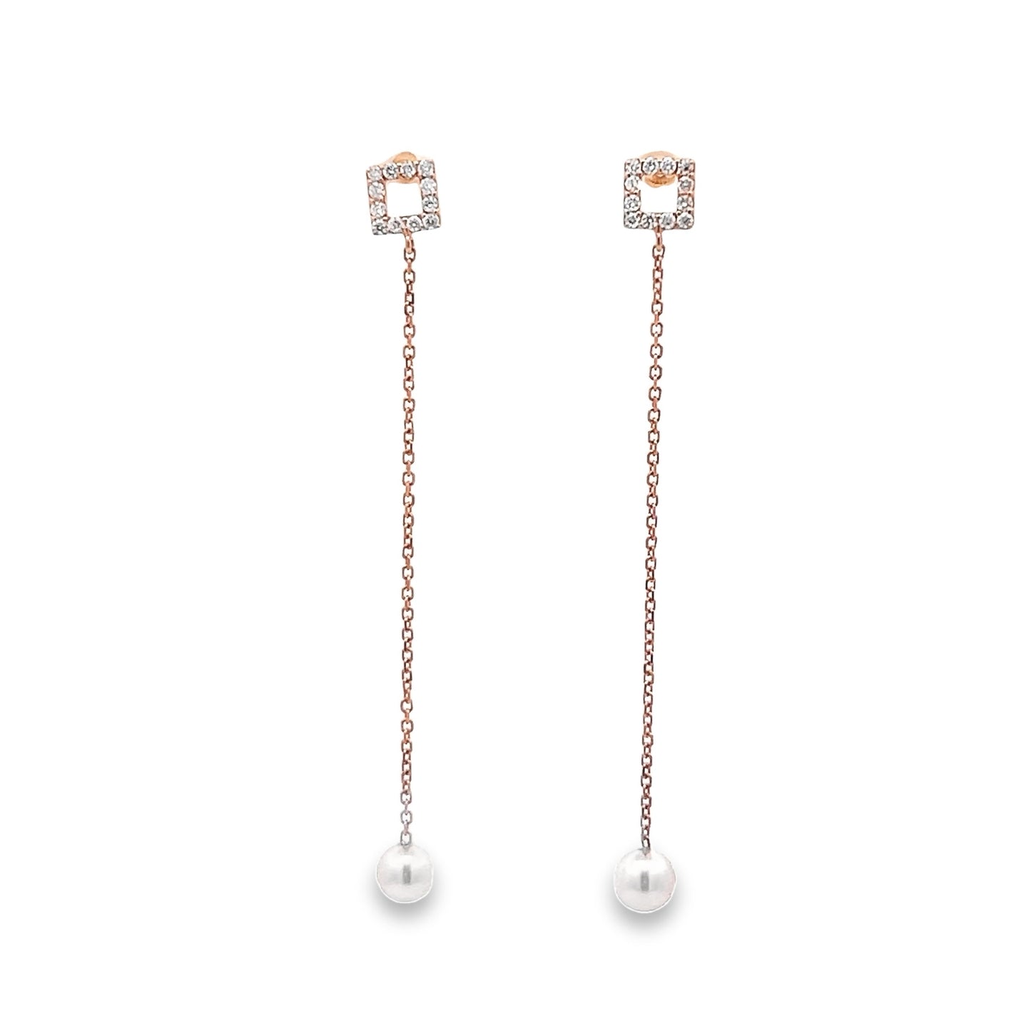 Akoya Pearl Drop Earrings with Square Diamond Stud Top in Rose Gold