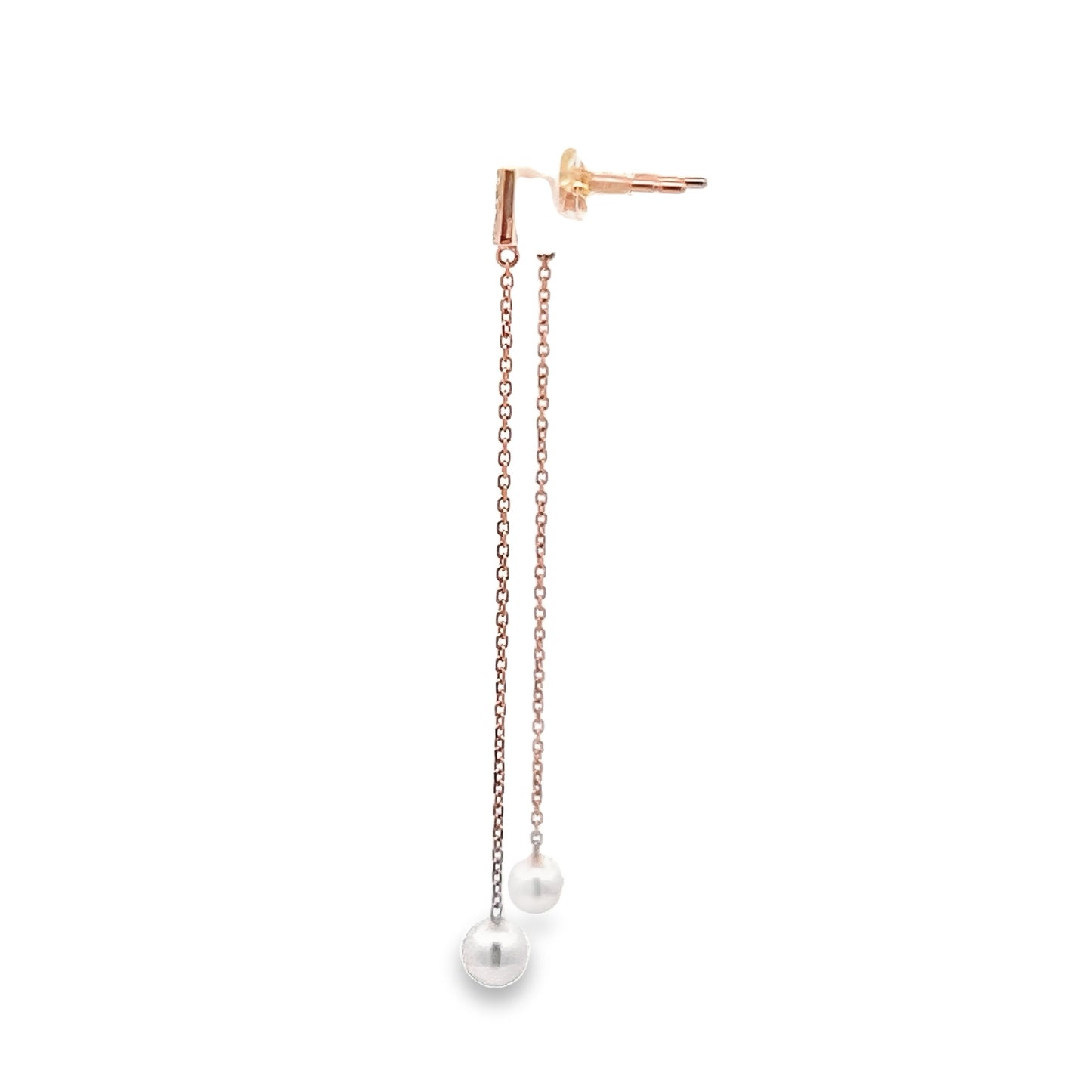 Akoya Pearl Drop Earrings with Square Diamond Stud Top in Rose Gold
