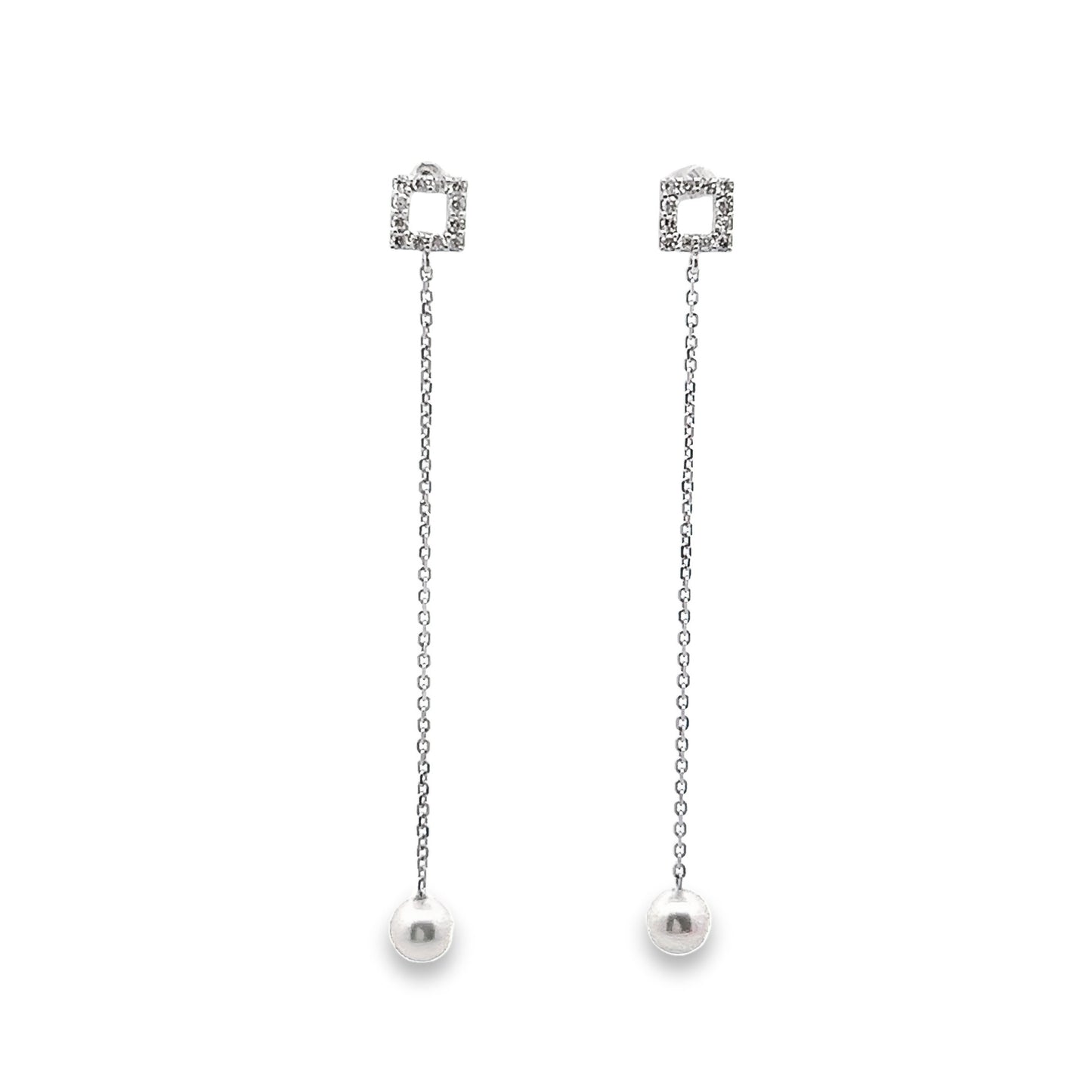 Akoya Pearl Drop Earrings with Square Diamond Stud Top in White Gold