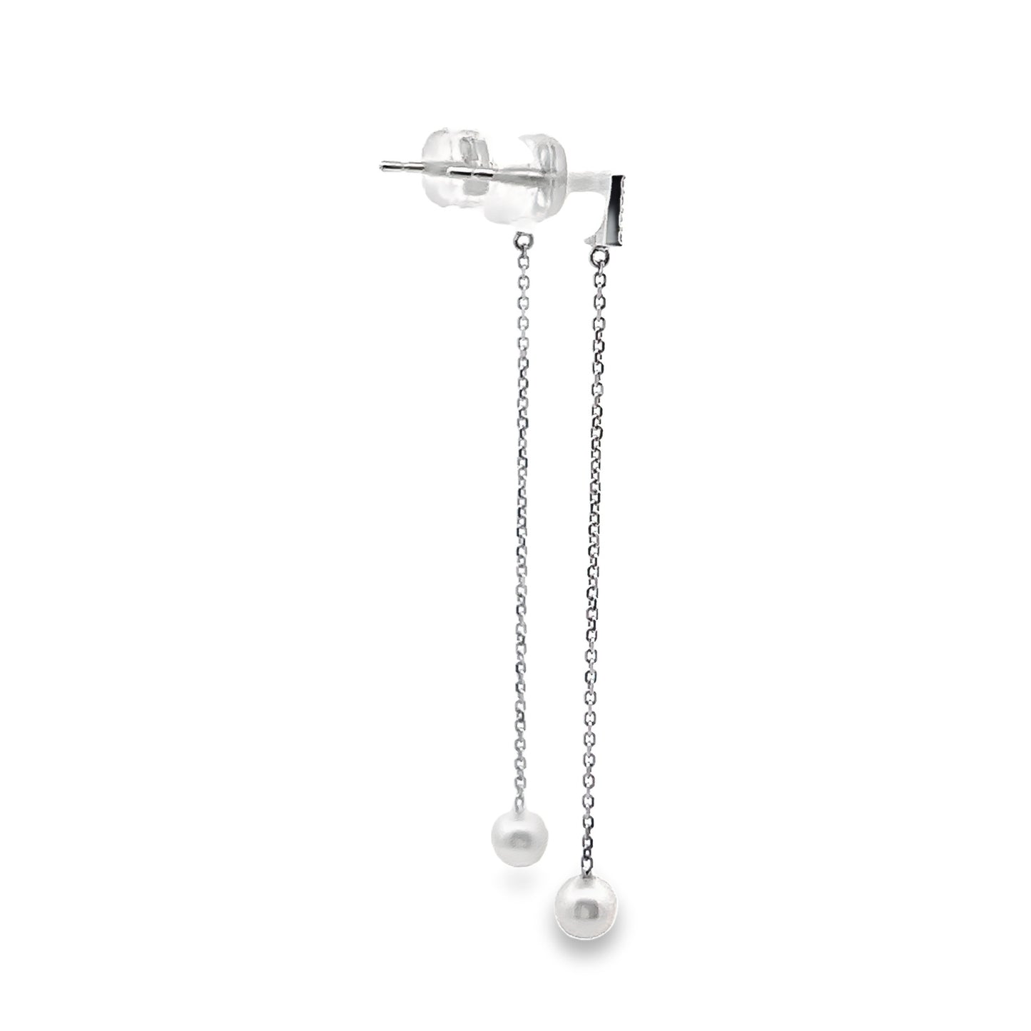 Akoya Pearl Drop Earrings with Square Diamond Stud Top in White Gold