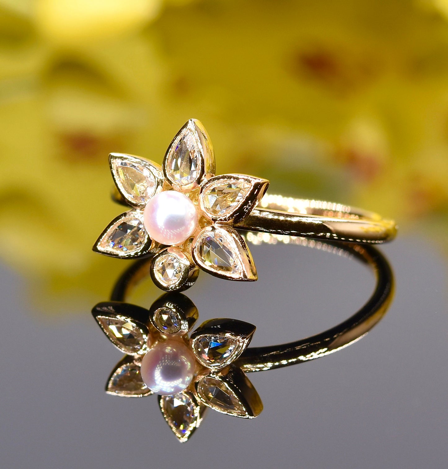 Rose-cut Diamond and Akoya Pearl Floral Ring