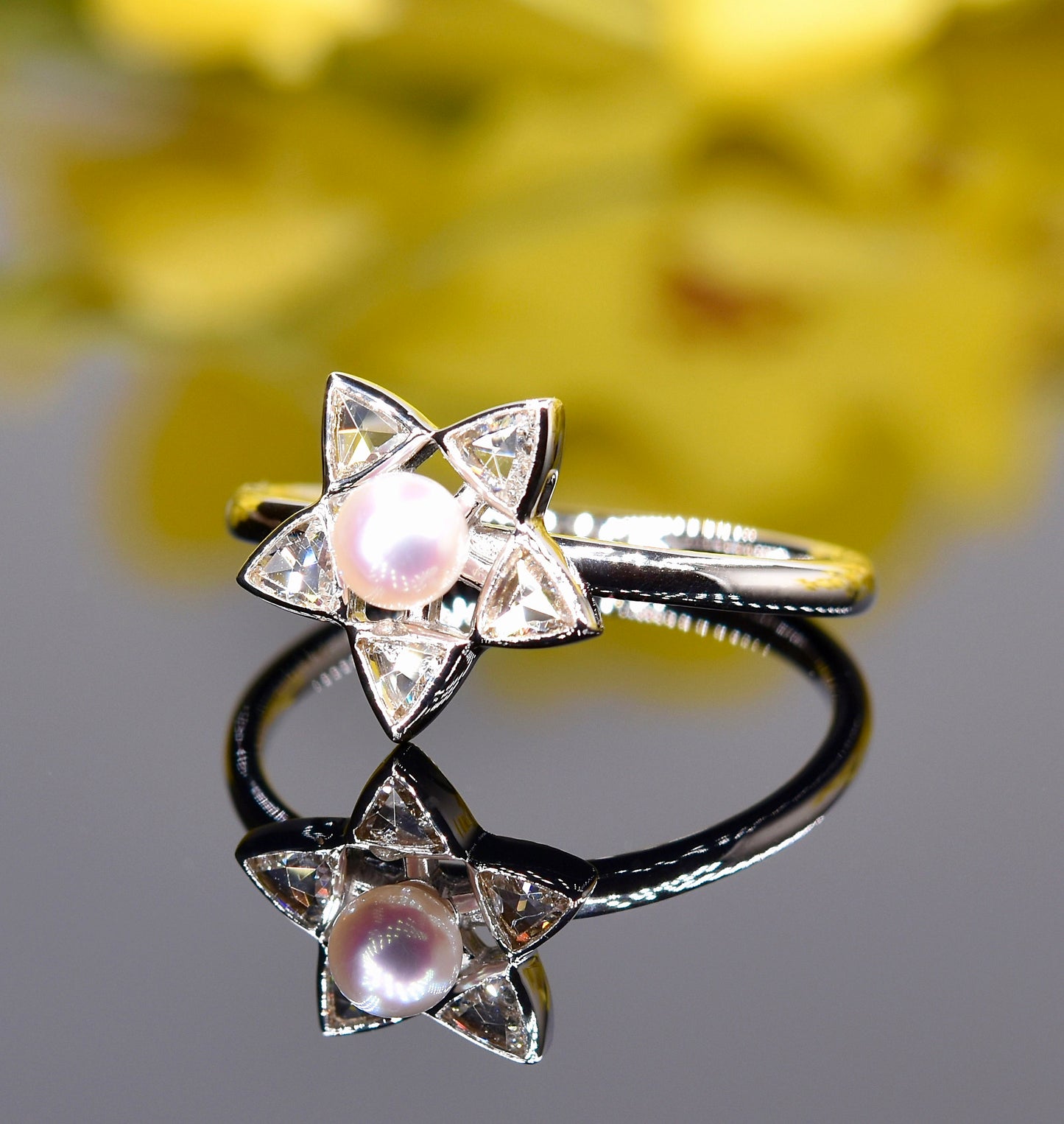 Rose-cut Diamond and Akoya Pearl Star-Shaped Ring