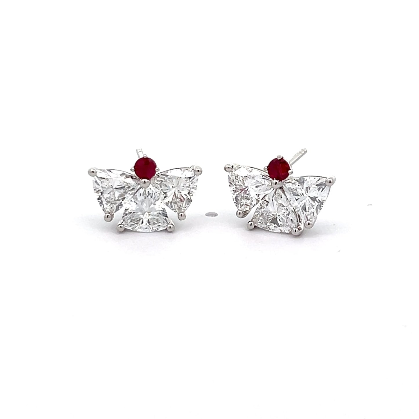 Trillion Lab-grown Diamond and Ruby Studs in Platinum