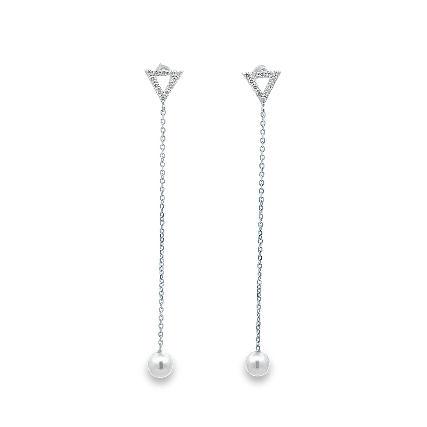 Akoya Pearl Drop Earrings with Triangle Diamond Stud Top in White Gold