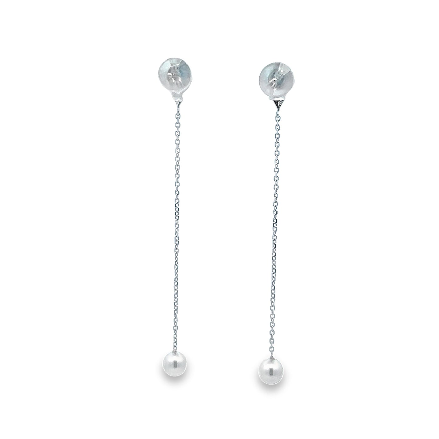 Akoya Pearl Drop Earrings with Triangle Diamond Stud Top in White Gold