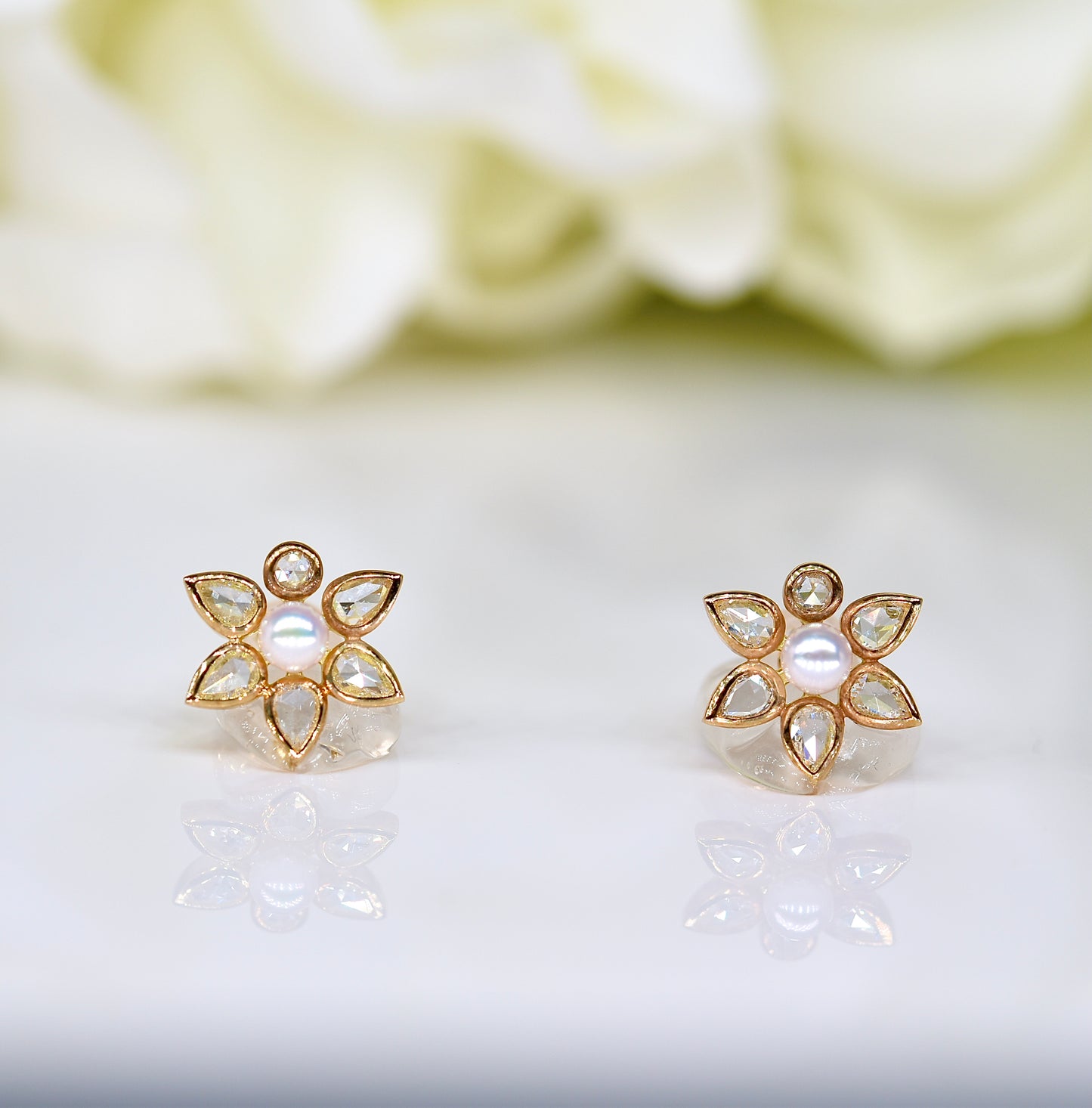 Rose-cut Diamond and Akoya Pearl Floral Earrings