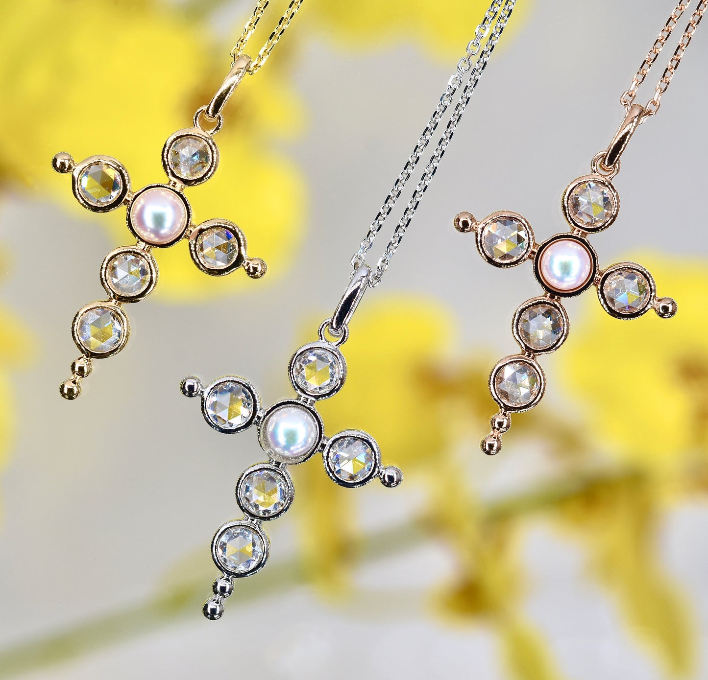 Rose-cut Diamond and Akoya Pearl Cross Pendant in Rose Gold